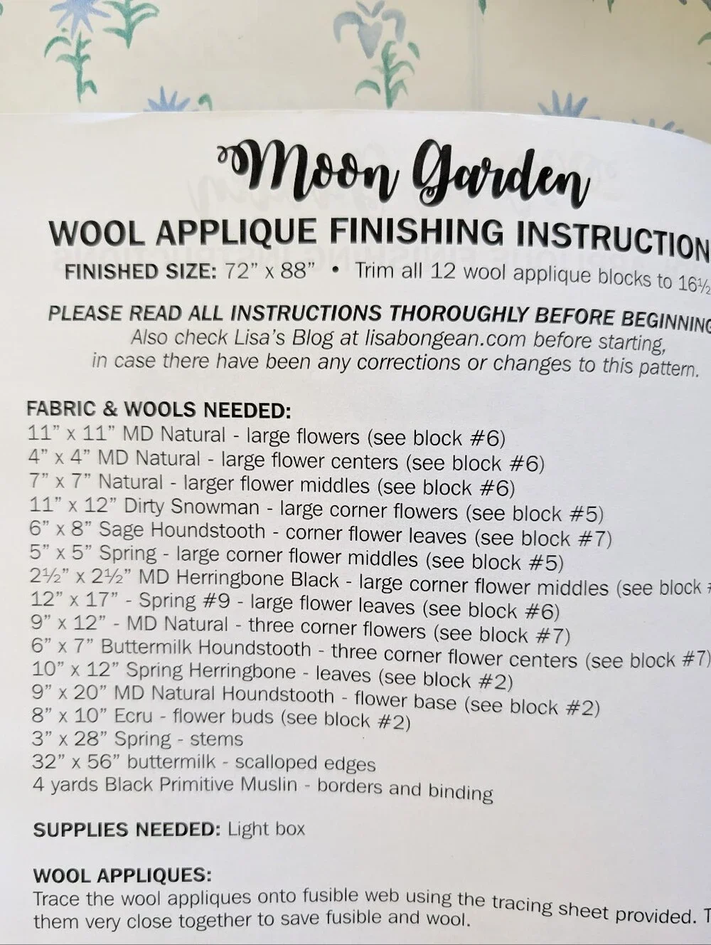 Primitive Gatherings Moon Garden Applique Border Quilt Kit NEW Wool Floral Black